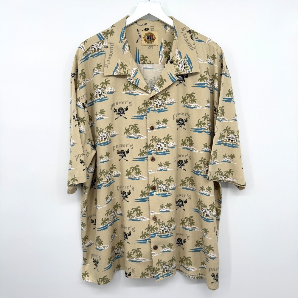 Pussers Hawaiian Shirt Mens XL Silk Cotton Pirate Skull Crossbones Resort Tiki